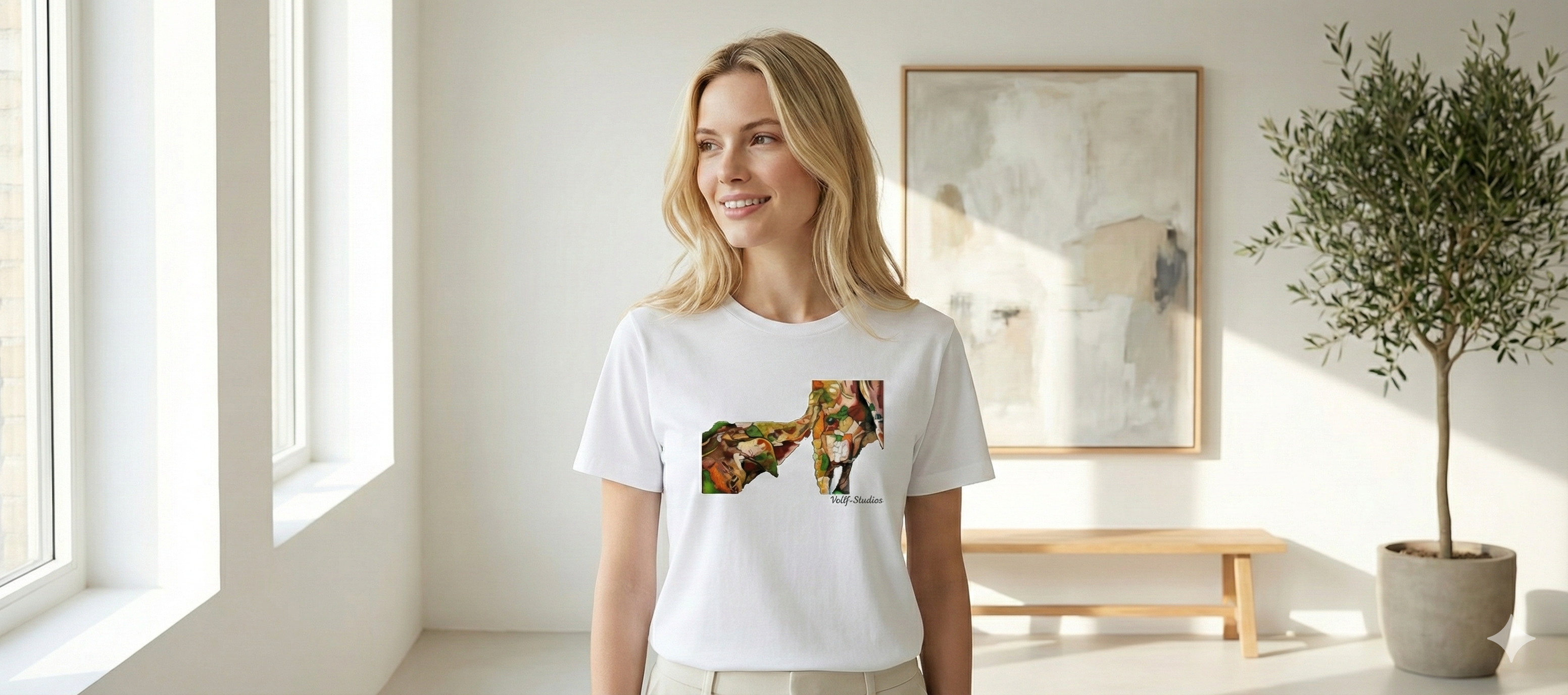 AI-genereret Scandinavisk kvinde med t-shirt med print af elefant